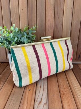 J.Crew Striped Canvas Clutch Brass Frame Pink Green Yellow Preppy Summer Bag
